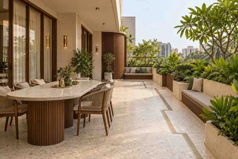 AI-generated outdoor concept: long outdoor dining and seating, urban deco direction