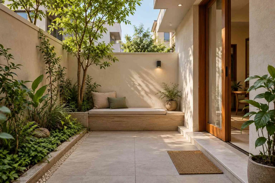 AI-generated outdoor concept: micro courtyard seat, ash and linen direction