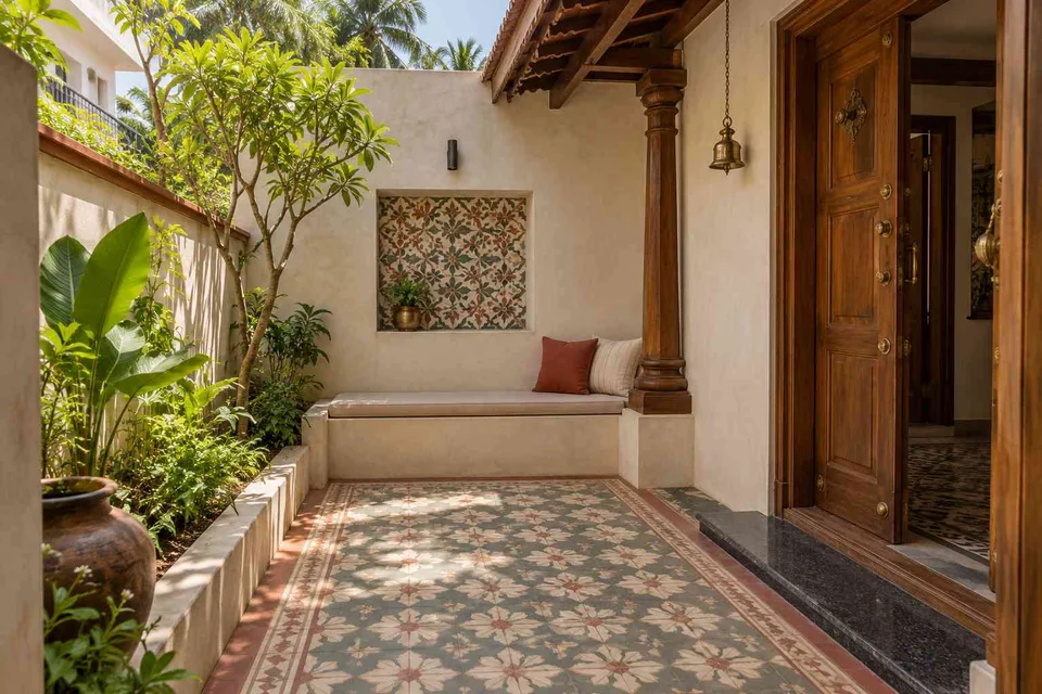 AI-generated outdoor concept: micro courtyard seat, chettinad tile direction