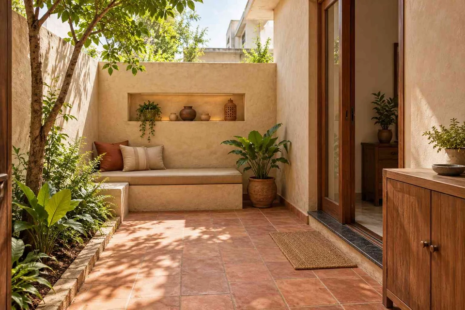 AI-generated outdoor concept: micro courtyard seat, clay artisan direction