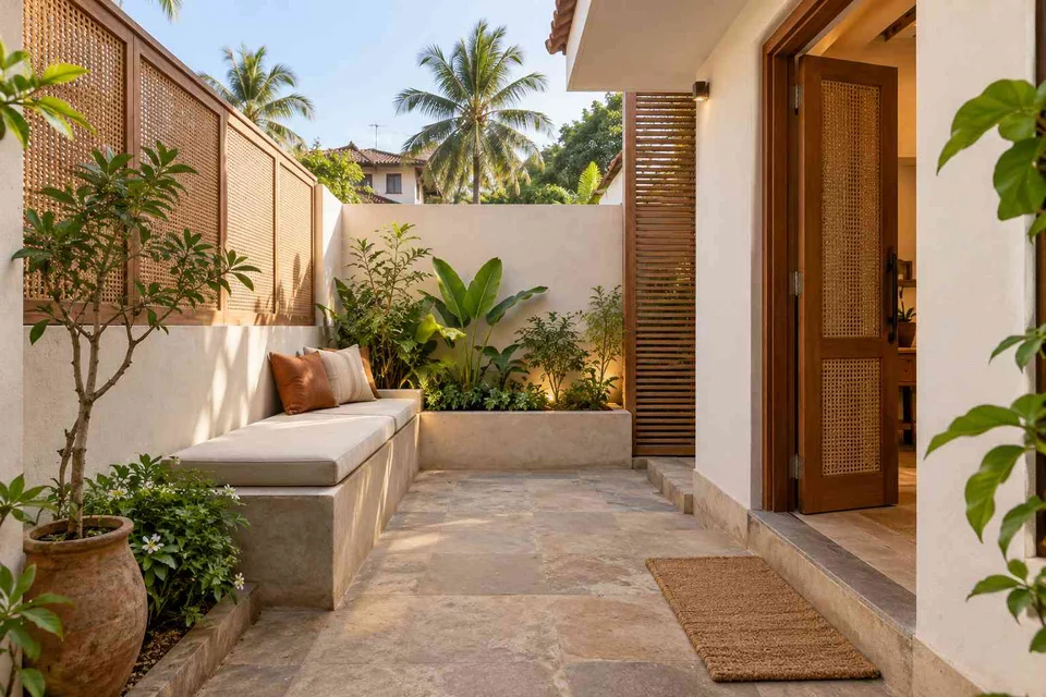 AI-generated outdoor concept: micro courtyard seat, coastal woven direction