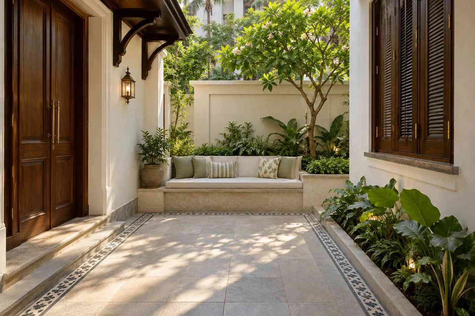 AI-generated outdoor concept: micro courtyard seat, colonial quiet direction