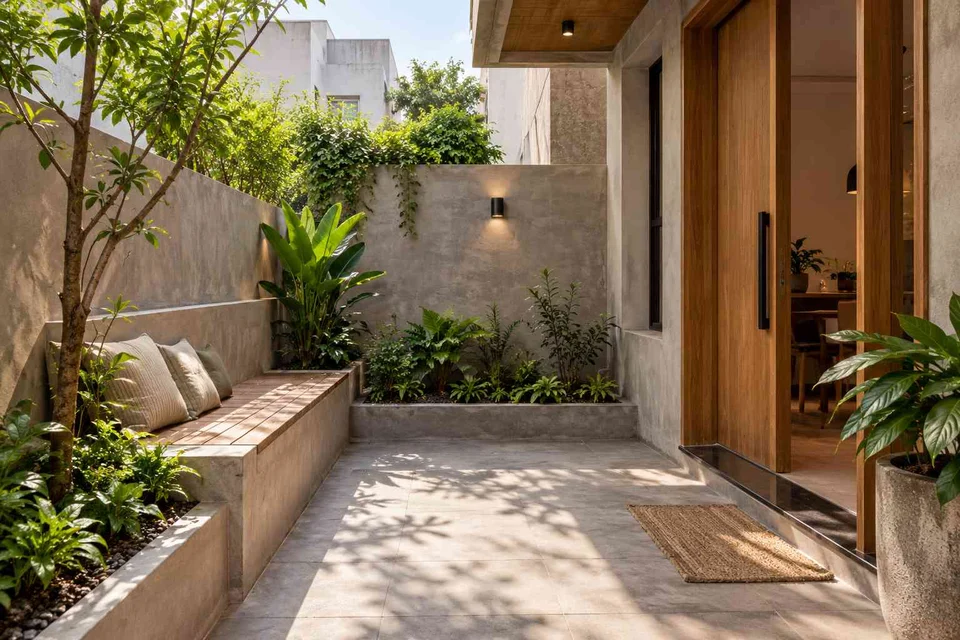 AI-generated outdoor concept: micro courtyard seat, concrete and oak direction