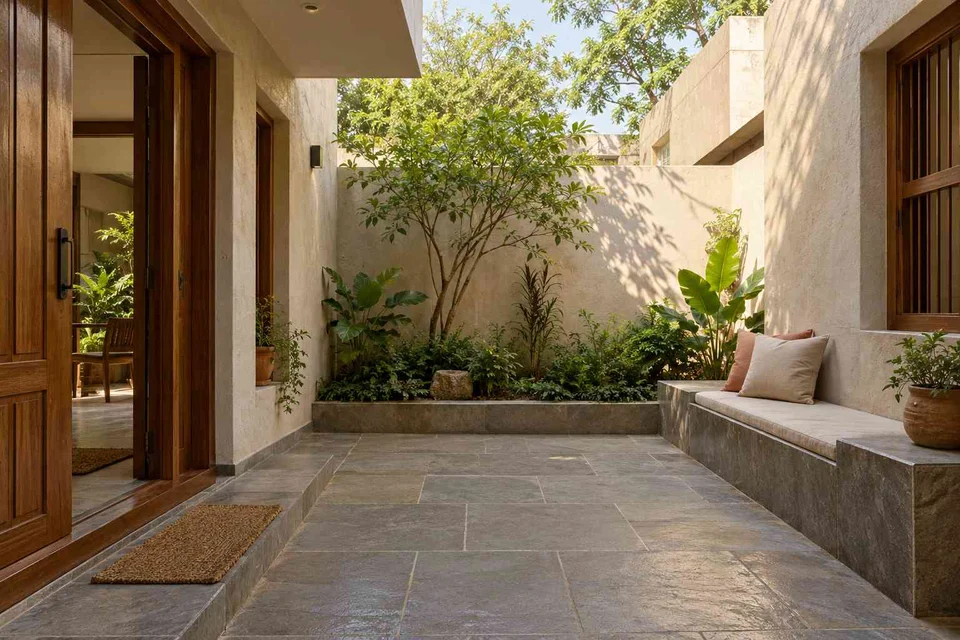 AI-generated outdoor concept: micro courtyard seat, courtyard modern direction