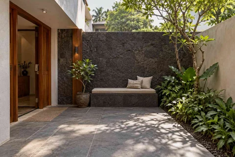 AI-generated outdoor concept: micro courtyard seat, deccan stone direction