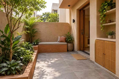 AI-generated outdoor concept: micro courtyard seat, earth and bamboo direction