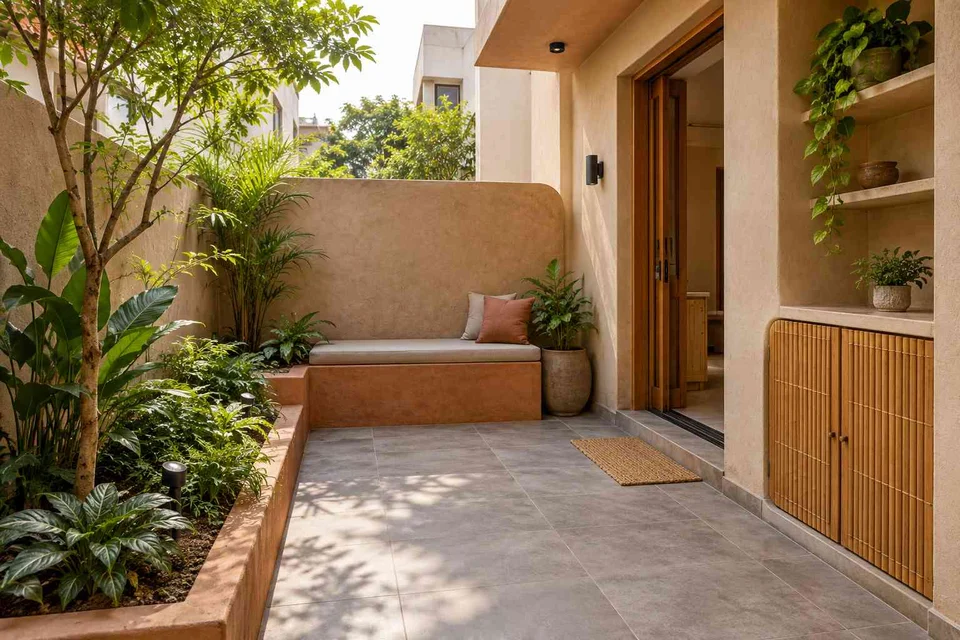 AI-generated outdoor concept: micro courtyard seat, earth and bamboo direction