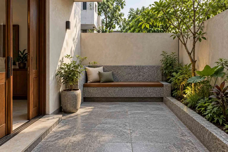 AI-generated outdoor concept: micro courtyard seat, granite precision direction