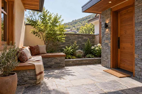 AI-generated outdoor concept: micro courtyard seat, hill timber direction