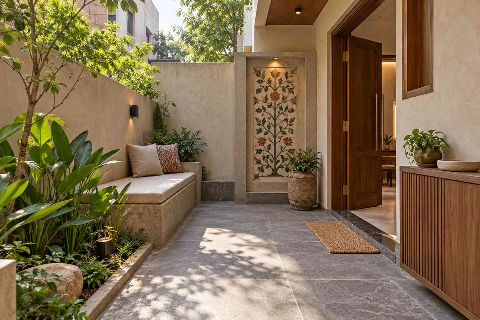 AI-generated outdoor concept: micro courtyard seat, inlay atelier direction