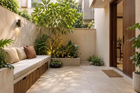AI-generated outdoor concept: micro courtyard seat, lime and walnut direction