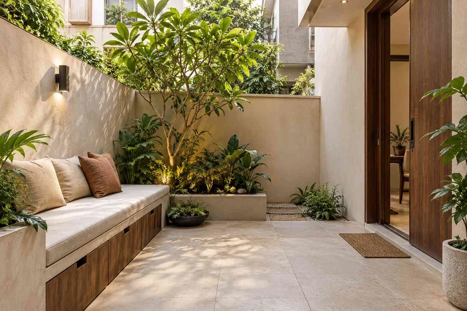 AI-generated outdoor concept: micro courtyard seat, lime and walnut direction