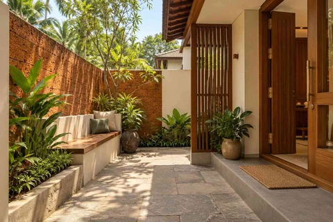 AI-generated outdoor concept: micro courtyard seat, malabar timber direction
