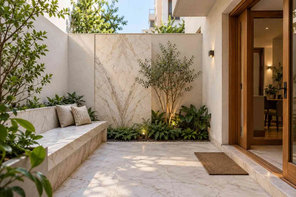 AI-generated outdoor concept: micro courtyard seat, marble restraint direction