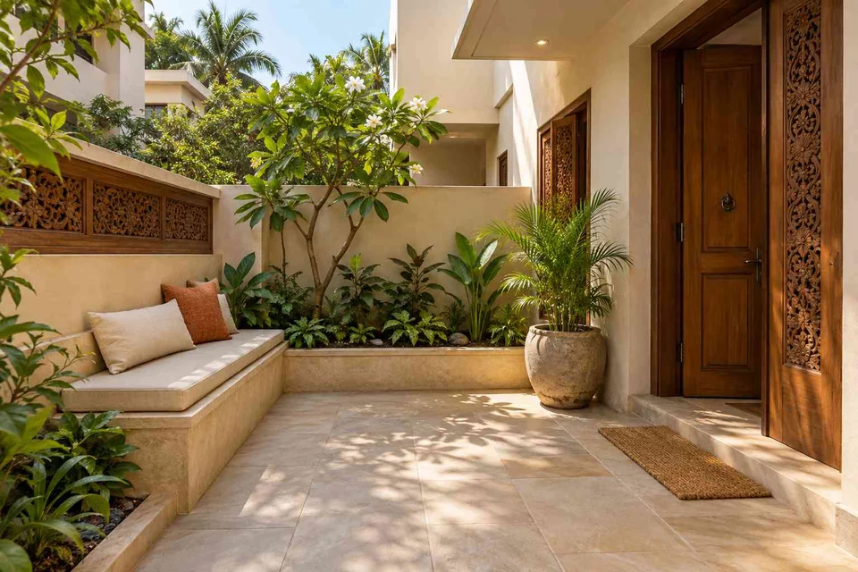 AI-generated outdoor concept: micro courtyard seat, modern carved direction
