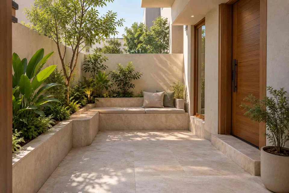 AI-generated outdoor concept: micro courtyard seat, quiet contemporary direction