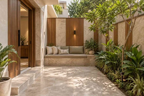 AI-generated outdoor concept: micro courtyard seat, quiet transitional direction
