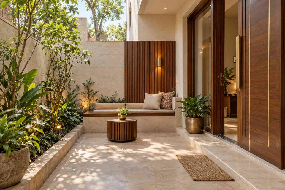 AI-generated outdoor concept: micro courtyard seat, rosewood brass direction