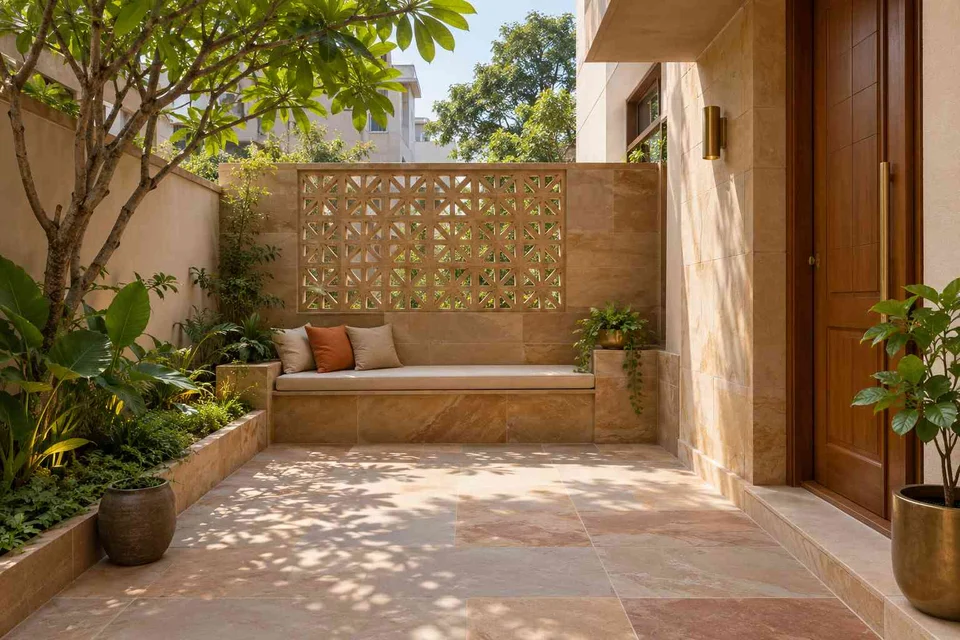 AI-generated outdoor concept: micro courtyard seat, sandstone lattice direction