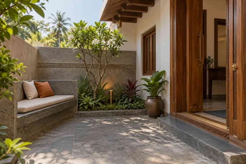 AI-generated outdoor concept: micro courtyard seat, teak craft direction