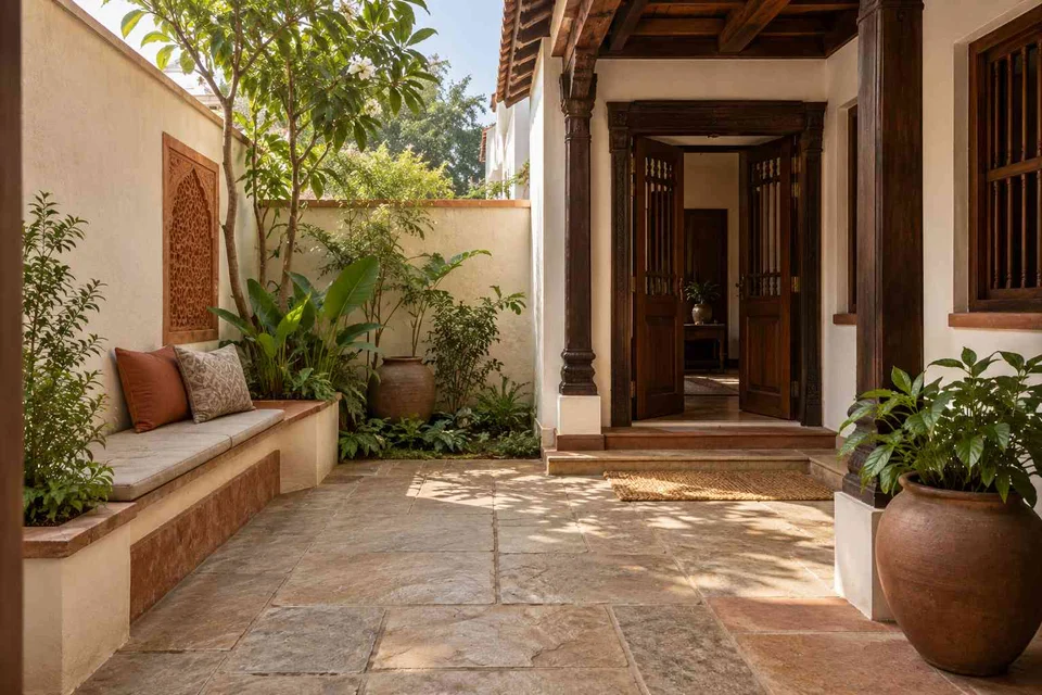 AI-generated outdoor concept: micro courtyard seat, terracotta heritage direction