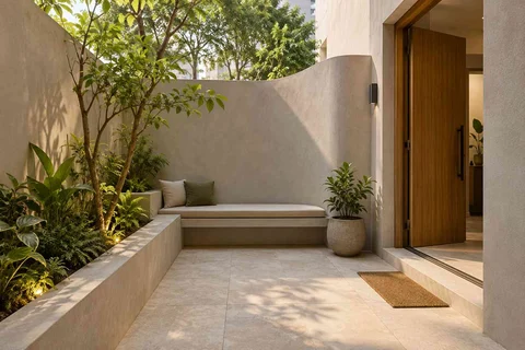 AI-generated outdoor concept: micro courtyard seat, textured mineral direction
