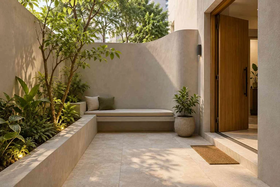 AI-generated outdoor concept: micro courtyard seat, textured mineral direction