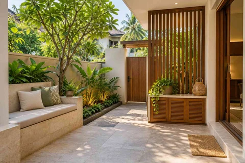 AI-generated outdoor concept: micro courtyard seat, tropical slatted direction