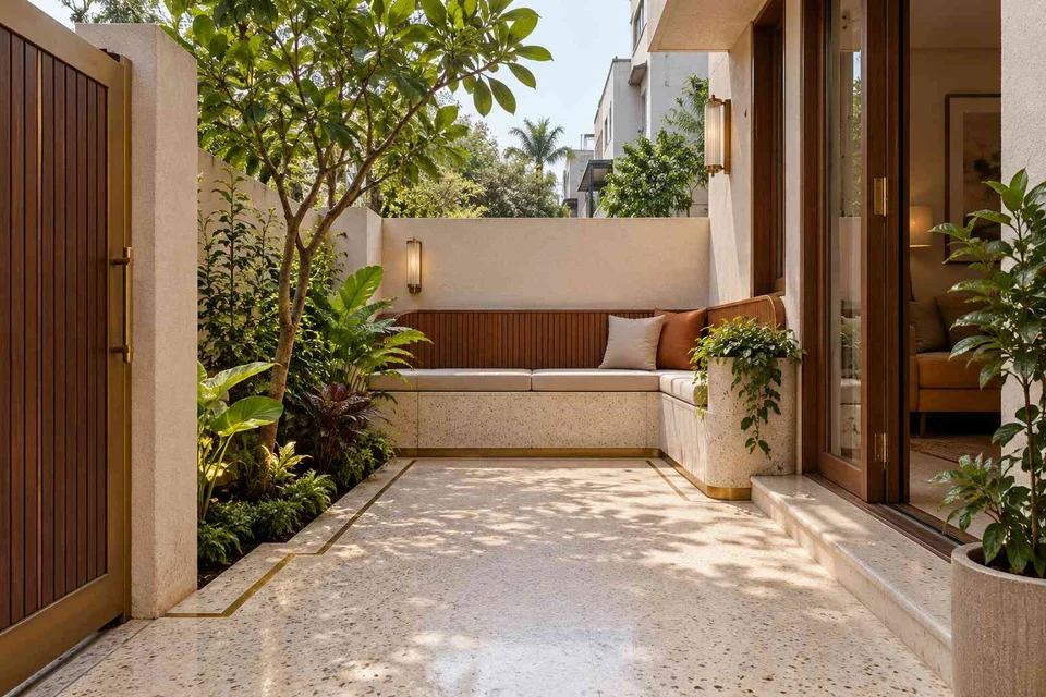 AI-generated outdoor concept: micro courtyard seat, urban deco direction