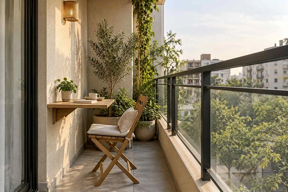 AI-generated outdoor concept: narrow apartment balcony, ash and linen direction