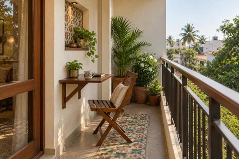 AI-generated outdoor concept: narrow apartment balcony, chettinad tile direction
