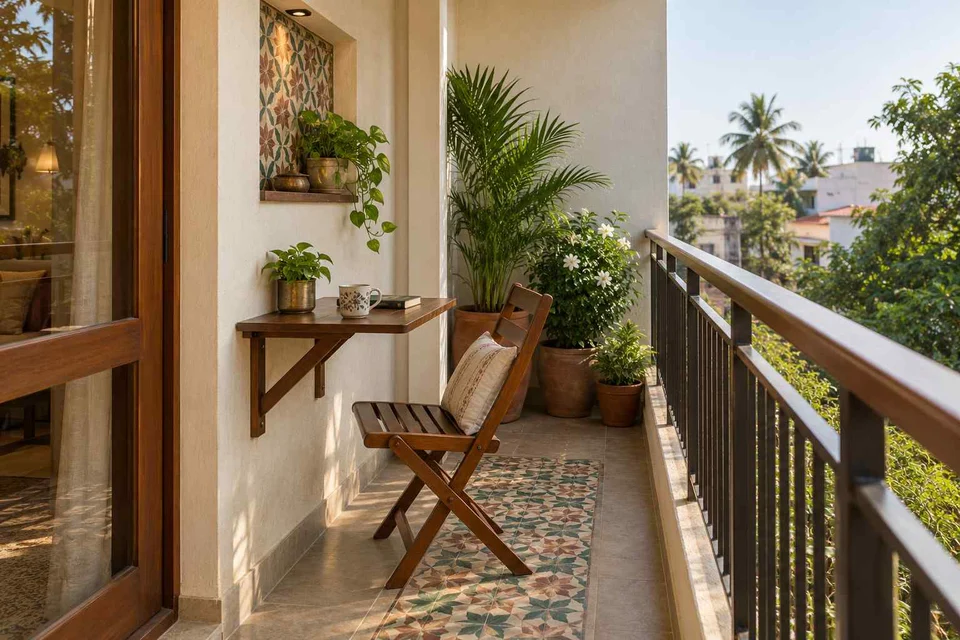 AI-generated outdoor concept: narrow apartment balcony, chettinad tile direction