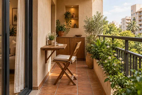 AI-generated outdoor concept: narrow apartment balcony, clay artisan direction