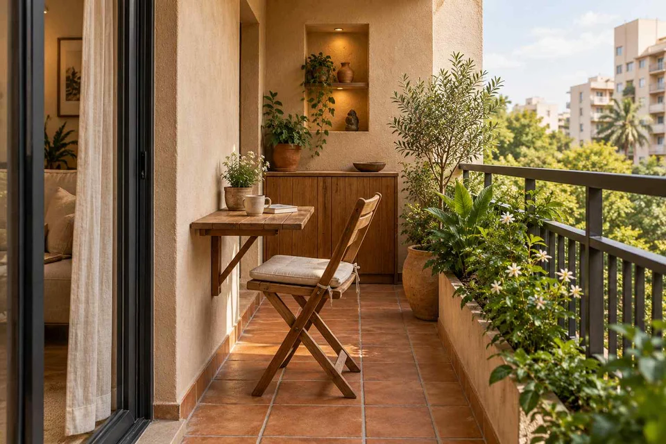AI-generated outdoor concept: narrow apartment balcony, clay artisan direction