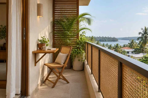 AI-generated outdoor concept: narrow apartment balcony, coastal woven direction