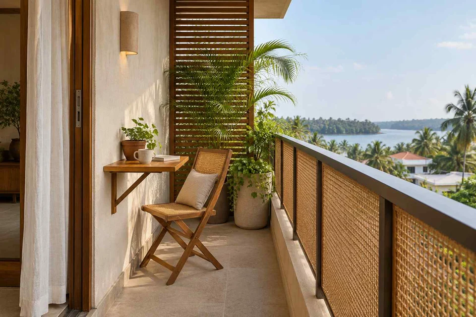 AI-generated outdoor concept: narrow apartment balcony, coastal woven direction