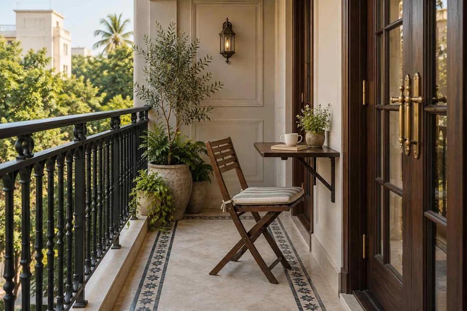 AI-generated outdoor concept: narrow apartment balcony, colonial quiet direction