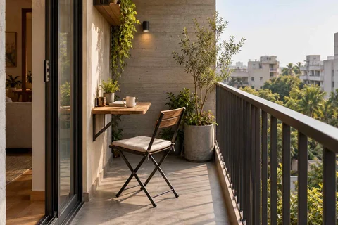 AI-generated outdoor concept: narrow apartment balcony, concrete and oak direction