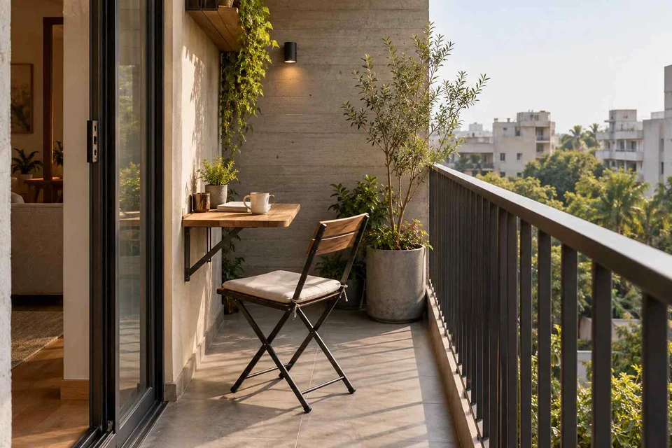 AI-generated outdoor concept: narrow apartment balcony, concrete and oak direction