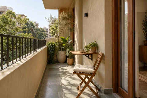 AI-generated outdoor concept: narrow apartment balcony, courtyard modern direction