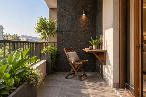 AI-generated outdoor concept: narrow apartment balcony, deccan stone direction