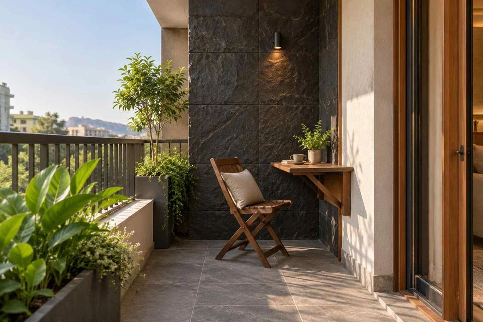 AI-generated outdoor concept: narrow apartment balcony, deccan stone direction