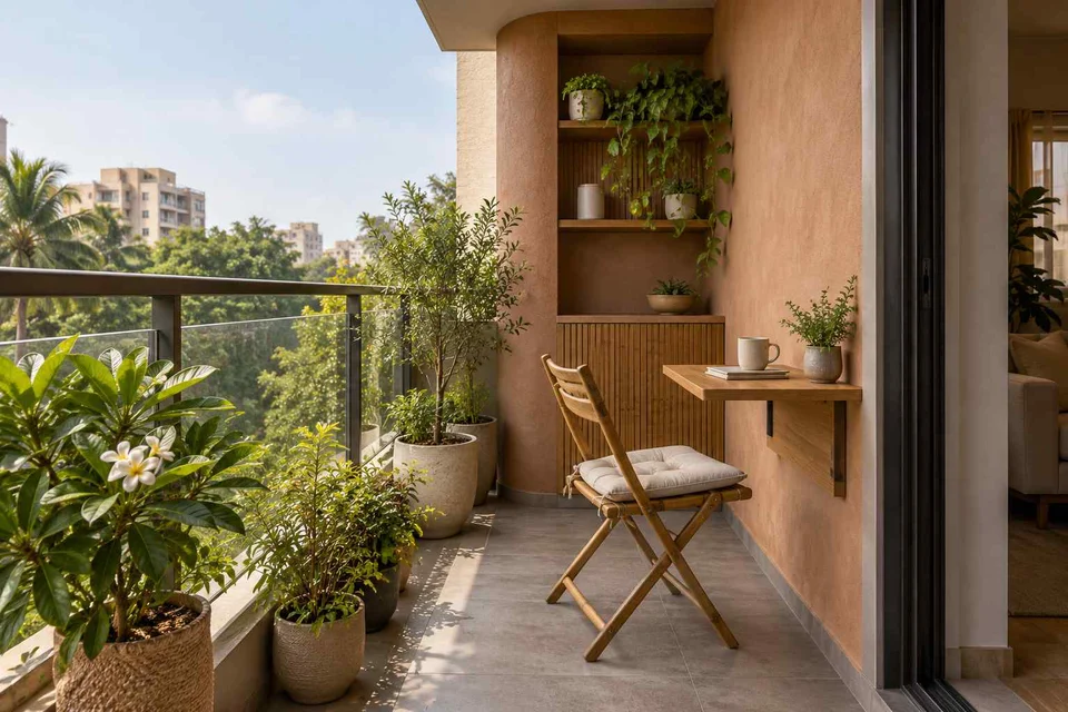 AI-generated outdoor concept: narrow apartment balcony, earth and bamboo direction