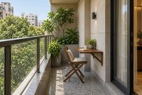 AI-generated outdoor concept: narrow apartment balcony, granite precision direction