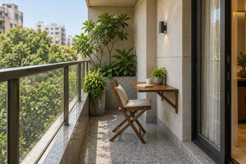 AI-generated outdoor concept: narrow apartment balcony, granite precision direction