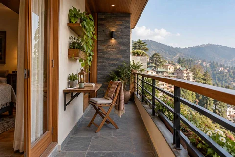 AI-generated outdoor concept: narrow apartment balcony, hill timber direction