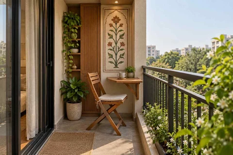 AI-generated outdoor concept: narrow apartment balcony, inlay atelier direction