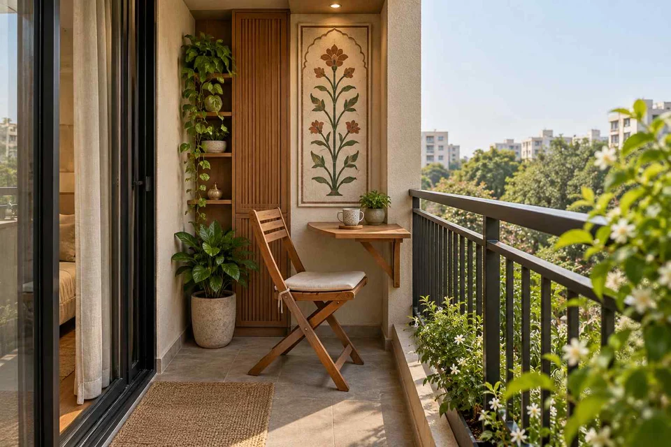 AI-generated outdoor concept: narrow apartment balcony, inlay atelier direction