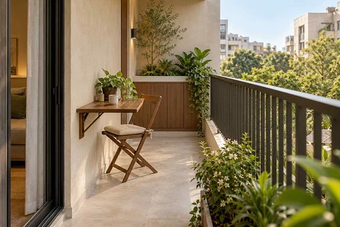 AI-generated outdoor concept: narrow apartment balcony, lime and walnut direction