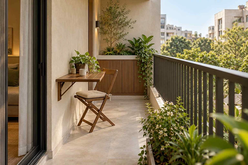 AI-generated outdoor concept: narrow apartment balcony, lime and walnut direction